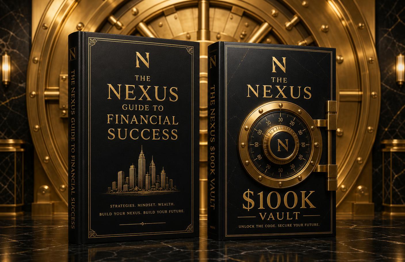 The Nexus Guide to Financial Success and The Nexus $100K Vault shown together in front of a gold vault door